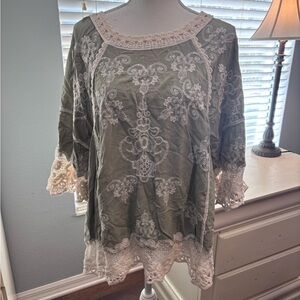 Democracy Olive Green Tunic with Cream Lace Embroidery